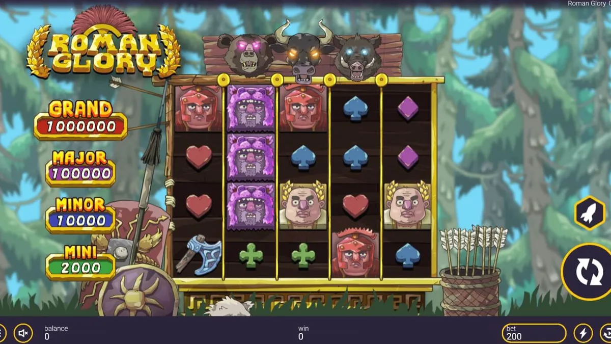 Tampilan visual slot Roman Glory dengan tema gladiator dan hutan