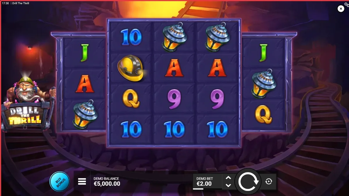 Tampilan visual mesin slot Drill the Thrill dengan tema pertambangan dan bor industri.